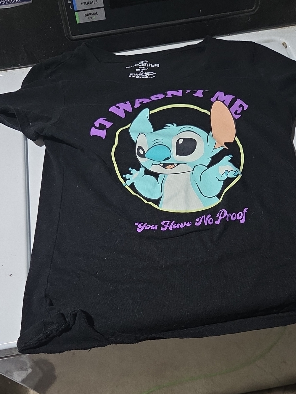 Disney Black Tee with Blue Stitch and Purple Script